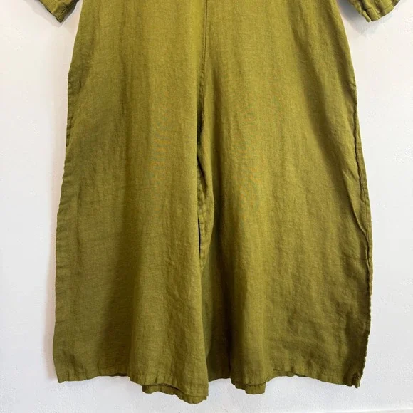 Puro Lino Italian Linen Wide Leg Jumpsuit Olive Green M Relaxed Lagenlook - Picture 5 of 15